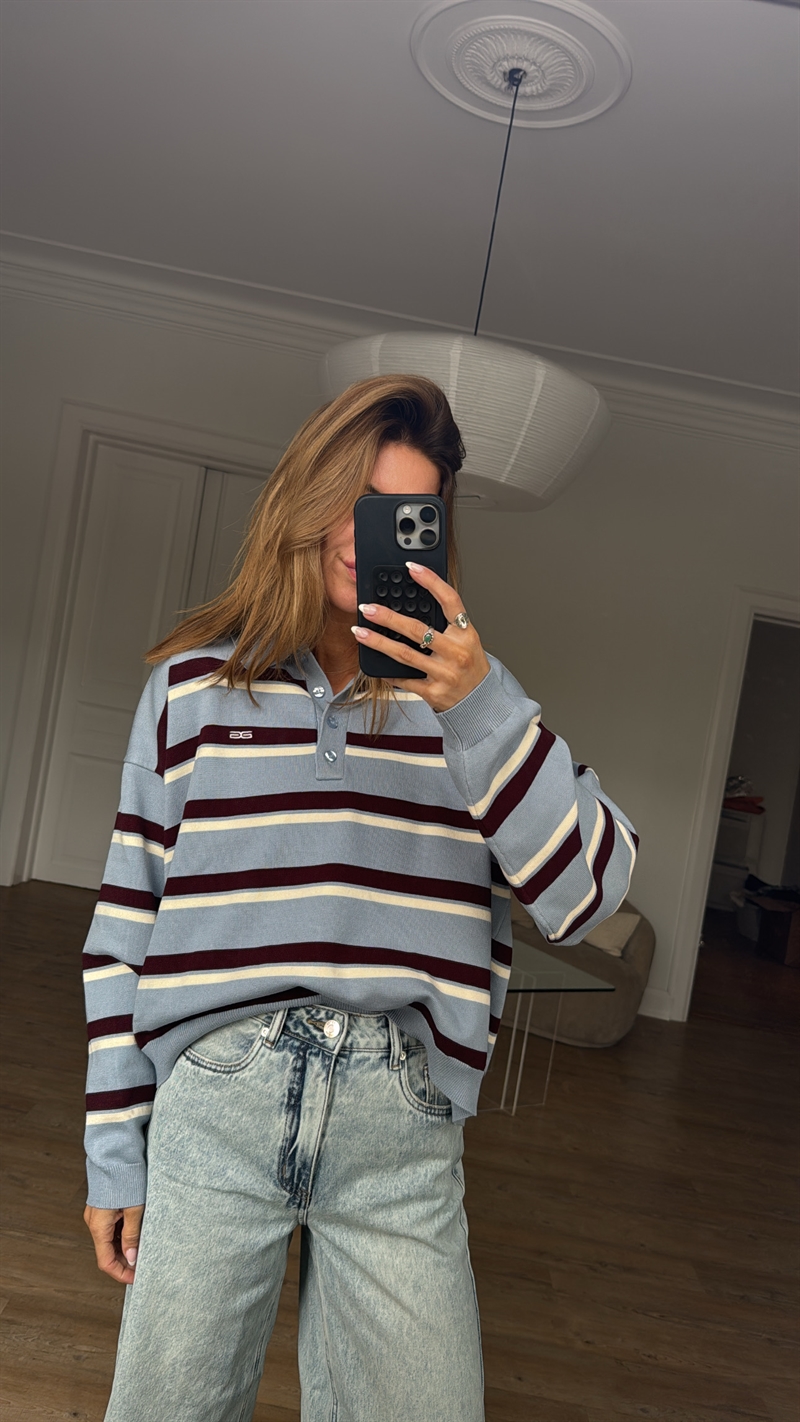 Gestuz Taia Polo Pullover, Grey Blue / Aronia / Egret