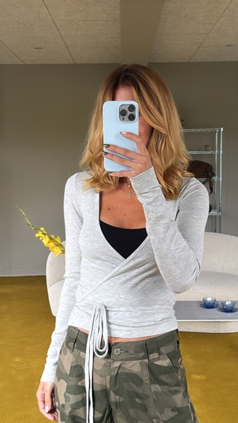 Joelle, Rib Wrap Blouse, Light Grey Melange