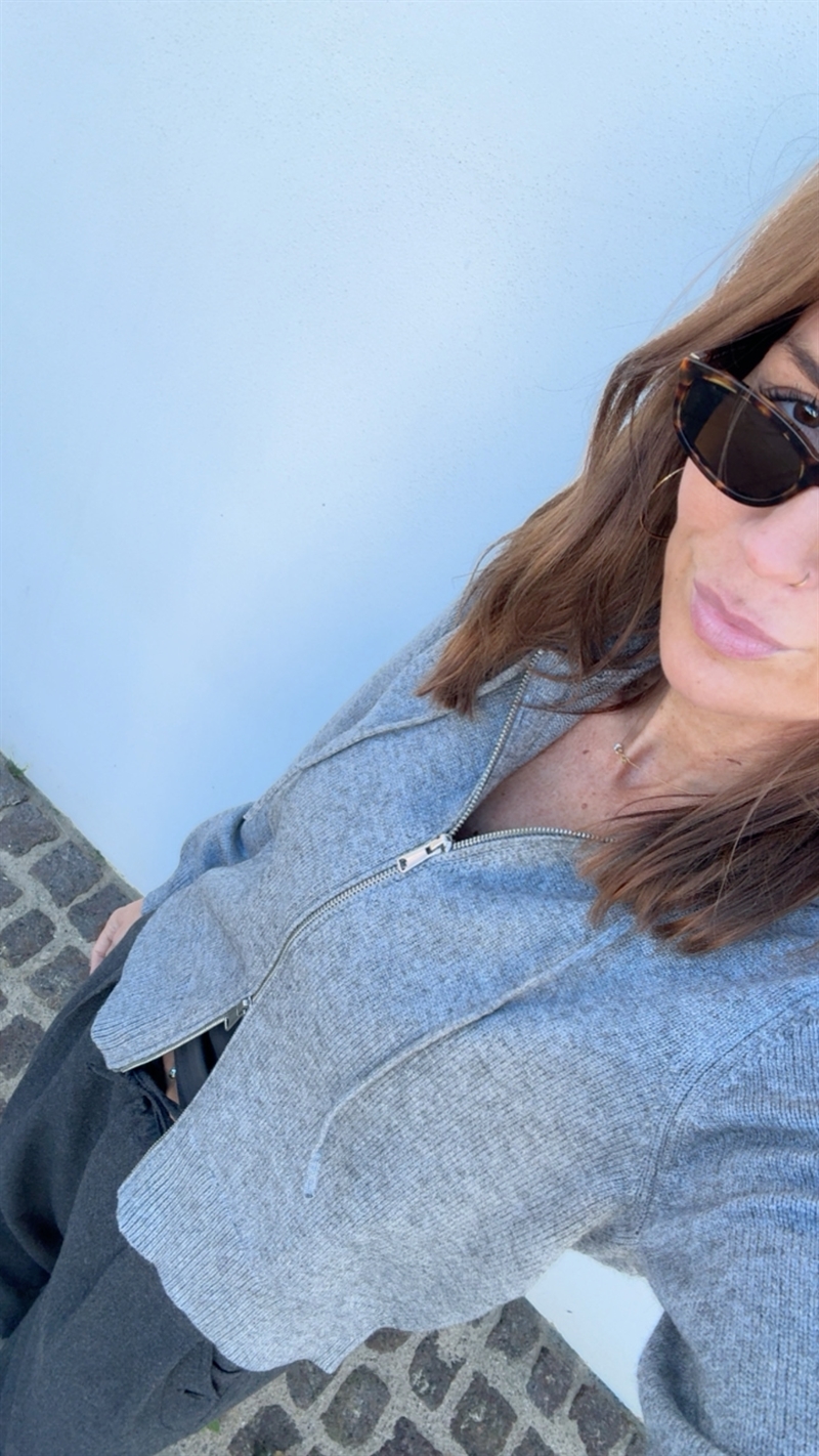 Thessa, Zipper Knit Hoodie, Grey Melange