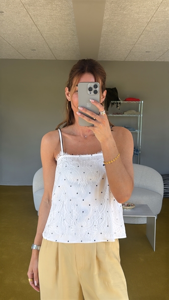 Ellie, Lace Dot Slip Top, Cloud Dancer/Black