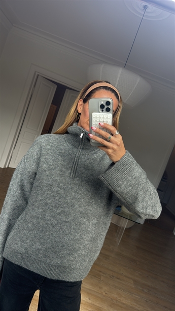 Anna, Zip Knit High Neck, Medium Grey Melange