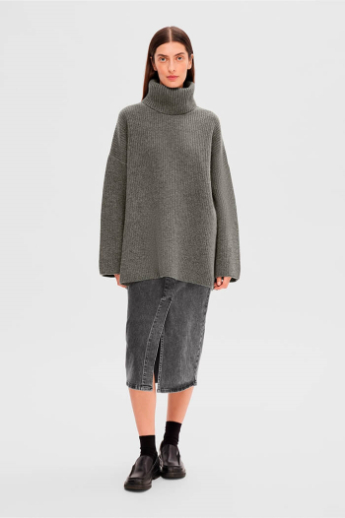 Mary Long knit roll neck, Light grey melange 
