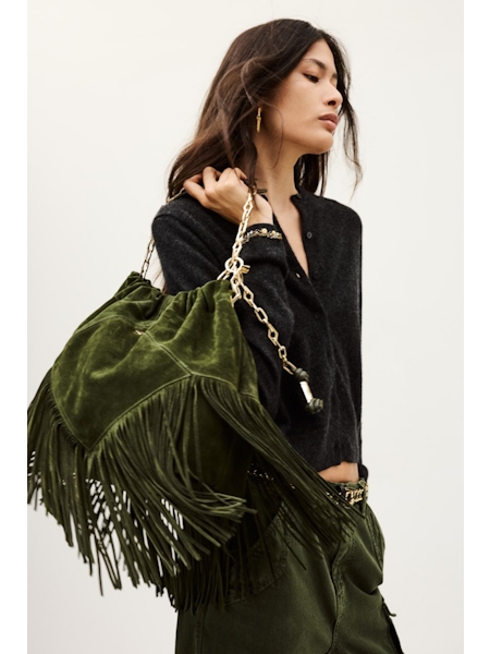 Ba&sh, June Suede Tote Fringes, Verte